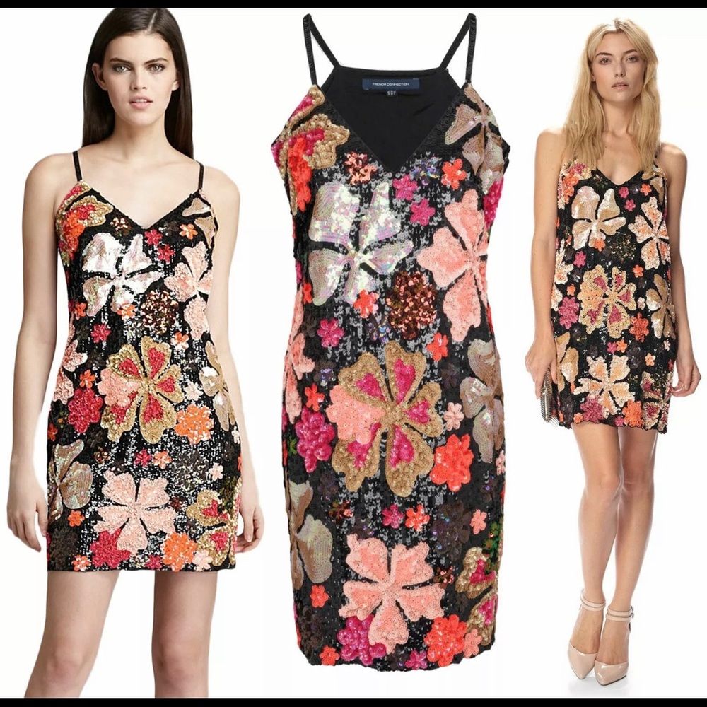 FRENCH CONNECTION FLORAL SEQUIN COCKTAIL DRESS